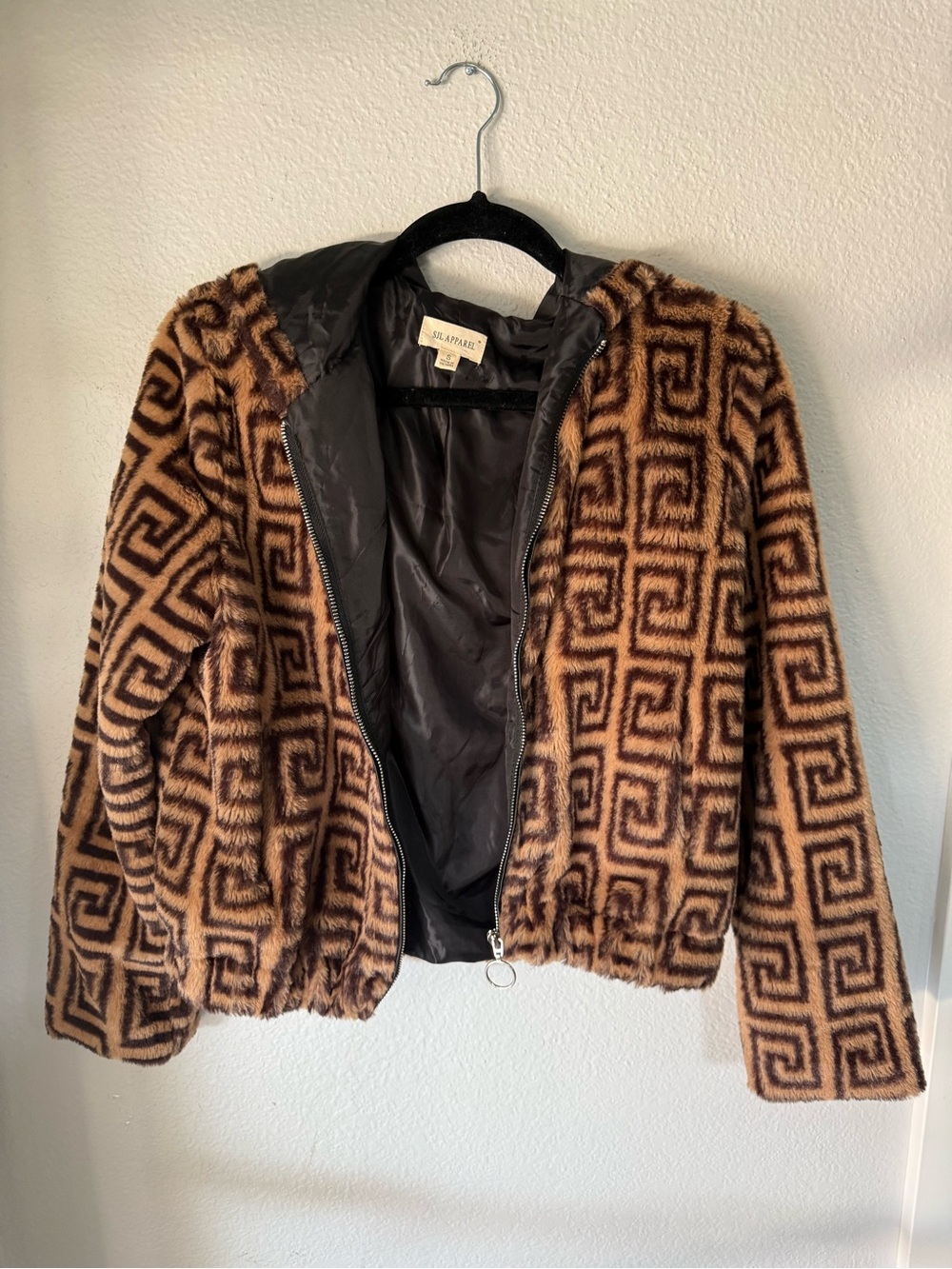 SJL Brown Greek Key Faux Fur Hooded Jacket S